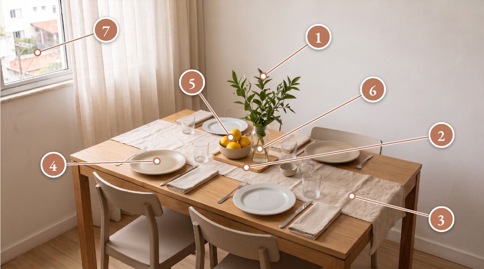 Mesa pronta com sete números apontando onde cada princípio aparece: galho alto, bandeja central, caminho de algodão, pratos alternados, limões, ponto focal e luz da janela